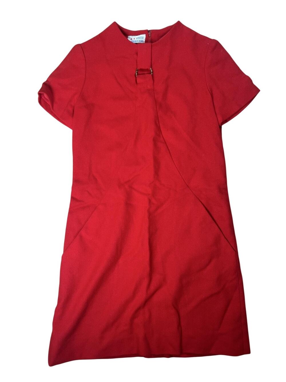 Vogue Americana Dress Womens S Red Shift Knee Length High Neck Lined Buckle